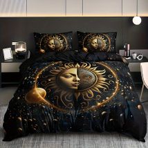 Celestial Sun Moon Stars Bettbezug-Set, golden bedrucktes Bettwäsche-Set für Heimdekoration, inklusive 1 Bettbezug und 2 Kissenbezügen