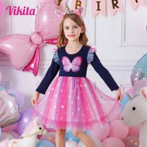 VIKITA Kleinkinder Polka Dot Bunte Schmetterling Rüschenärmel Kleid Kinder Farbverlauf Rosa Mesh Tüll Prinzessin Geburtstag Party Kleider