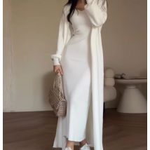 Elegant two piece set for woman Solid color lazy style slim fit long sleeved knitted sweater slim fit suspender long skirt set