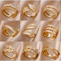 White Zircon Flower Leaf Shape Stainless Steel Rings For Women Adjustable Aesthetic Wedding Ring Light Luxury Female Jewelry BFF