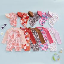 Tregren Langarm-Badeanzug für Kleinkinder, Mädchen, Blumen-/Flamingo-Druck, halber Reißverschluss, Rashguard-Badebekleidung mit Sonnenhut, Strandkleidung für Kleinkinder