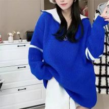 Herbst Winter Reiß verschluss Revers verdickt lose Mode Spleißen mittellangen Pullover Woll mantel Strick pullover Damen Pullover e3369