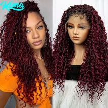 26 Zoll Burgund 99j Dread lock geflochtene Perücke synthetische Faux Locs geflochtene Perücke mit lockigen Enden knoten lose Box Zöpfe Perücke mit Babyhaar