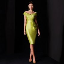 Säulenkleid für die Brautmutter, knielang, schulterfrei, Satin, Hochzeitsgastkleider für Frauen, V-Ausschnitt, Knospengrün, Partykleider