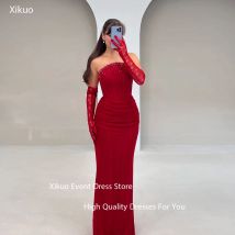 Xikuo Abendkleider aus roter Spitze, formell, trägerlos, mit Perlen verziert, saudi-arabische Partykleider, Applikationen, luxuriöse Robe de Soirée, individuell gestaltet