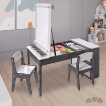 Set tavolo artistico per bambini 3 in 1 e 2 sedie, tavolo da attività con contenitore, trasformazione del cavalletto 5 tazze di vernice, 6 contenitori portaoggetti, rotolo di carta
