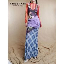 CHEERART Vintage Plaid Floral Patchwork Meerjungfrau Langarm Kleid 2025, Frauen Vintage Mesh Bodycon Tuniken Langarm Maxi Kleid