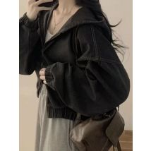 Kurze Jeansjacke für Damen, locker, langärmelig, lässig, modisch, Herbst, Retro, Reißverschluss-Design, Kapuzenpullover, Oberbekleidung, vielseitige Oberbekleidung