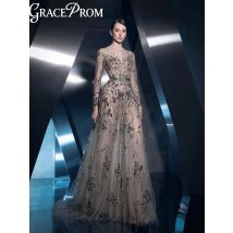 Illusion Beaded Evening Dress Luxurious Elegant Floor-length A-line Party Gown Customized Elegant Long Sleeved Prom Dresses