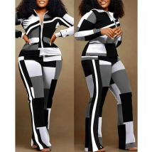 Afrikanische Mode Zweiteiliges Set Damen Outfit 2024 Herbst Geometrischer Druck Stehkragen Langarm Zip Up Top & Freizeithosen Set