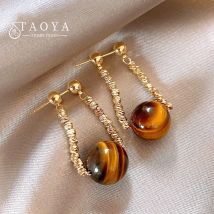 Maillard Round Tiger Eye Stone Pendant Gold Color Beaded Chain Hanging Earrings 2025 New Jewelry Fashion Accessories for Womens