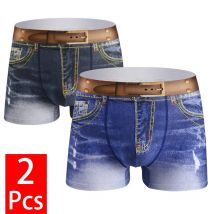 2 Teile/los Männer Denim Unterwäsche 3D Sexy Boxer Jeans Stil Shorts Drucken Baumwolle Atmungsaktive Unterwäsche Männlichen U Konvexen Beutel Unterhose