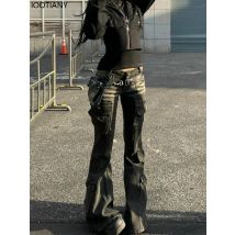 Y2k Retro Punk Women's Flared Jeans Harajuku Distressed Low-rise American Multi-pocket Denim Overalls Casual Micro-flare Pants
