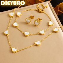 DIEYURO 316L Stainless Steel Simple Elegant White Shell Heart Necklace Earrings Bracelet Suit Girls New Trend Jewelry Gift Set