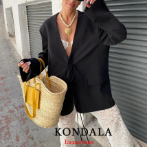 KONDALA Casual Blazer nero oversize Donna Scollo a V Tasche con papillon Giacche larghe Moda 2025 Autunno Streetwear Capispalla donna