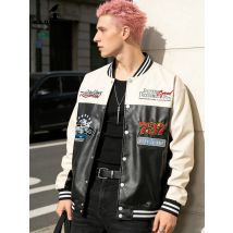Herren PU-Lederjacke im Baseball-Stil Streetwear Windbreaker Motorradjacke mit Stickerei Patchwork Lässige Frühling/Herbst Oberbekleidung