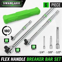 SWANLAKE 6PC Breaker Bar Set,1/4", 3/8" & 1/2" Drive,Heavy Duty Breaker Bars, 6-inch, 10-inch, 15-inch Length