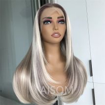 Highlight Blonde Straight Lace Front Perücke Layered 13x4 synthetische Spitzeperücke vorgezupft Highlight braun gefärbter Schmetterlingshaarschnitt