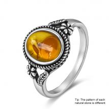 Certified Sterling Silver 925 Petal Amber Ring with Yellow Oval Natural Stone Ring Flower Jewelry Vintage Rings for Women Men