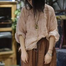 2025 sommer Kunst Stil Frauen Oansatz Vintage Einreiher Lose Bluse Weibliche Tops Gute Qualität Dünne Ramie Casual Hemd SN25