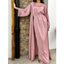Eid Seidiges Satin-Party-Abayas-Set, 2-teilig, Ramadan-Damen mit 2 Diamantketten, Strickjacke, Robe, islamische Abaya 2024