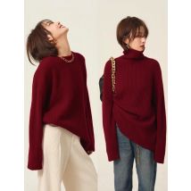 Turtleneck 100% cashmere sweater women loose thickening age reduction niche vintage red crewneck sweater women long sleeves
