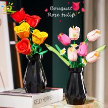 HUIQIBAO Rosa MOC Fiore Modello Building Blocks 3D Bouquet Mattoni Bambini Giocattoli FAI DA TE Decorazioni Per La Casa Regalo di San Valentino per le Ragazze