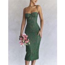 Mozision Spaghetti Strap Spitze Sexy Midi Kleid Für Frauen Kleid Grün Ärmelloses Backless Club Party Gedruckt Lange Kleid Vestidos