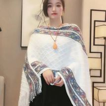Ethnische Art Nachahmung Kaschmir rhombischen Streifen Quaste Schal Winter warm Plüsch mongolischen Poncho Strick wickel Strick umhang