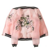 Women Luxury Floral Embroidery Bomber Jacket Perspective Coat Vintage Zipper Streetwear Outerwear Organza Cardigan Tops 2021