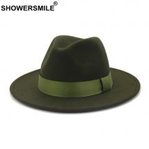 SHOWERSMILE Armeegrüner Wollfilz Jazz-Fedora-Hüte für Männer und Frauen, breite Krempe, Sombrero, britischer Stil, Trilby, formelle Panama-Kappe, Kleid-Hut