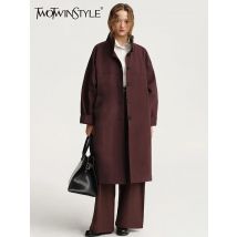 TWOTWINSTYLE Solid Casual Trench For Women Stand Collar Long Sleeve Patchwork Single Breasted Temperament Long Coats Female New