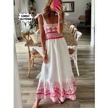 2023 Fashionable Summer New Women's Dress Lace Up Print Sweet Elastic Bohemian Elegant Beach Resort Style Dress Long Dress