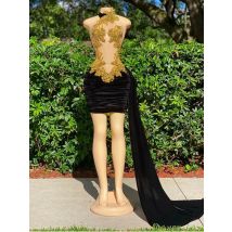 Sexy Women Cocktail Gowns High Neck Luxury Gold Crystals African Girl Black Velvet Mini Short Prom Dresses 2025 For Birthday