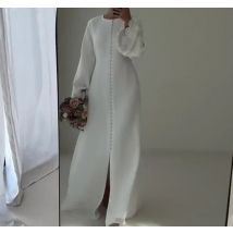Einfarbiges, modisches, langes Kleid mit Trompetenärmeln und Rundhalsausschnitt