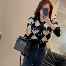 Süße Frauen O Hals Langarm Pullover Outewear Taste Strickjacke Y2K Weibliche Trendy Vintage Argyle Diamanten Bogen Chic Mäntel