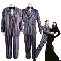 Film Gomez Addams Cosplay Morticia Kostüm Kleid Halloween Karneval Outfit Erwachsene Kind Mantel Hemd Hose Krawatte Anzug Party Uniform