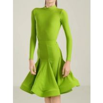 Girls Latin Dance Competition Clothing Glossy Fabric Long Sleeves Dance Dress Kids Cha Rumba Dance Practice Training Wear