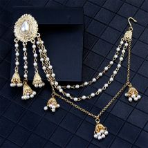 Sunspicems Mode Indischer Ohrring Link Kopfschmuck Schmuck Handgefertigte Perlenkette mit Metallanhänger Goldfarbe Brautbijoux Geschenk