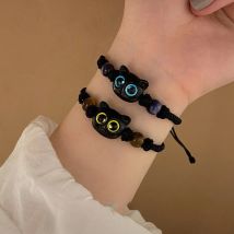 Nette Gelb Blau Große Augen Schwarze Katze Armbänder Für Frauen Männer Mode Cartoon Tier Kätzchen Handgemachte Geflochtene Armreif Paar Schmuck