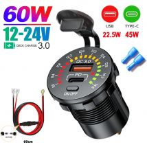 45 W Dual-USB-Ladebuchse mit LED-Voltmeter, EIN/AUS-Schalter, QC3.0, PC Typ C, wasserdichter USB-Steckdose, Schnellladegerät für 12 V/24 V Auto