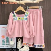 Bär Führer Frühling Herbst Kinder Outfits Gestrickte Blume Stickerei Spitze Patchwork Mädchen Anzug Lange Ärmeln T-shirt Tops + Hosen 2 stück