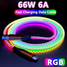 USLION 66W RGB Color Light Kabel do szybkiego ładowania USB C do Xiaomi Huawei Samsung Dual Type-C Ładowarka do telefonu Przewód do iPhone'a 15
