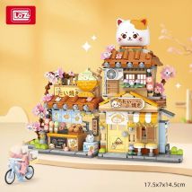 LOZ-4801 Bär Takoyaki Gebäudehaus Modell Klappbares Straßenansicht-Holzhaus Blumenwerkstatt Kinderbausteine