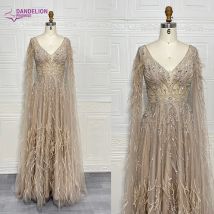 Luxus federn nackt A-Linie Abendkleider mit Umhang ärmeln V-Ausschnitt lila arabische Frauen Hochzeits feier Kleid