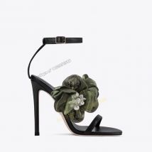 Grüne Seite Blumendekor Sandalen Weiße Knöchelschnalle Hochzeitsschuhe für Frauen Stilettos High Heels Schuhe 2023 Zapatillas Mujer