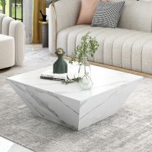 Anajqaqia Moderner Trommel-Couchtisch, trapezförmiger Couchtisch aus weißem Marmorfurnier, mit 2 Schubladen, Wohnzimmertisch, 70 x 70 x 37 cm