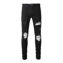 Jeans da motociclista con toppa in pelle argentata incrinata da uomo Streetwear pantaloni Skinny in Denim elasticizzato affusolato con fori pantaloni neri Patchwork strappati