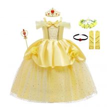 Costumi cosplay Belle per ragazze Abiti per ragazze per la bellezza Abbigliamento da festa per bambini Bastone magico Corona per bambini Abito giallo e la bestia