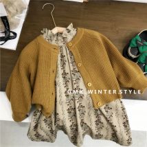 Koreanischer Frühling Herbst Kinder Mädchen 2 Stück Kleidung Set solide gestrickte Strickjacke Pullover nationalen Blumen druck Kleid Baby Mädchen Outfits